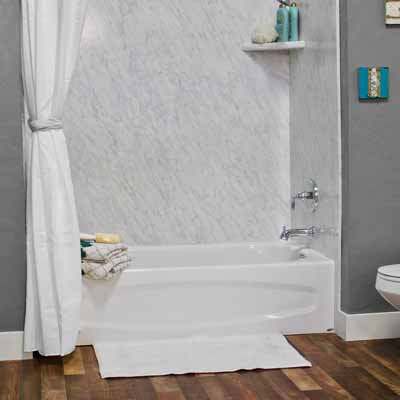 White marble shower with silver accessories.